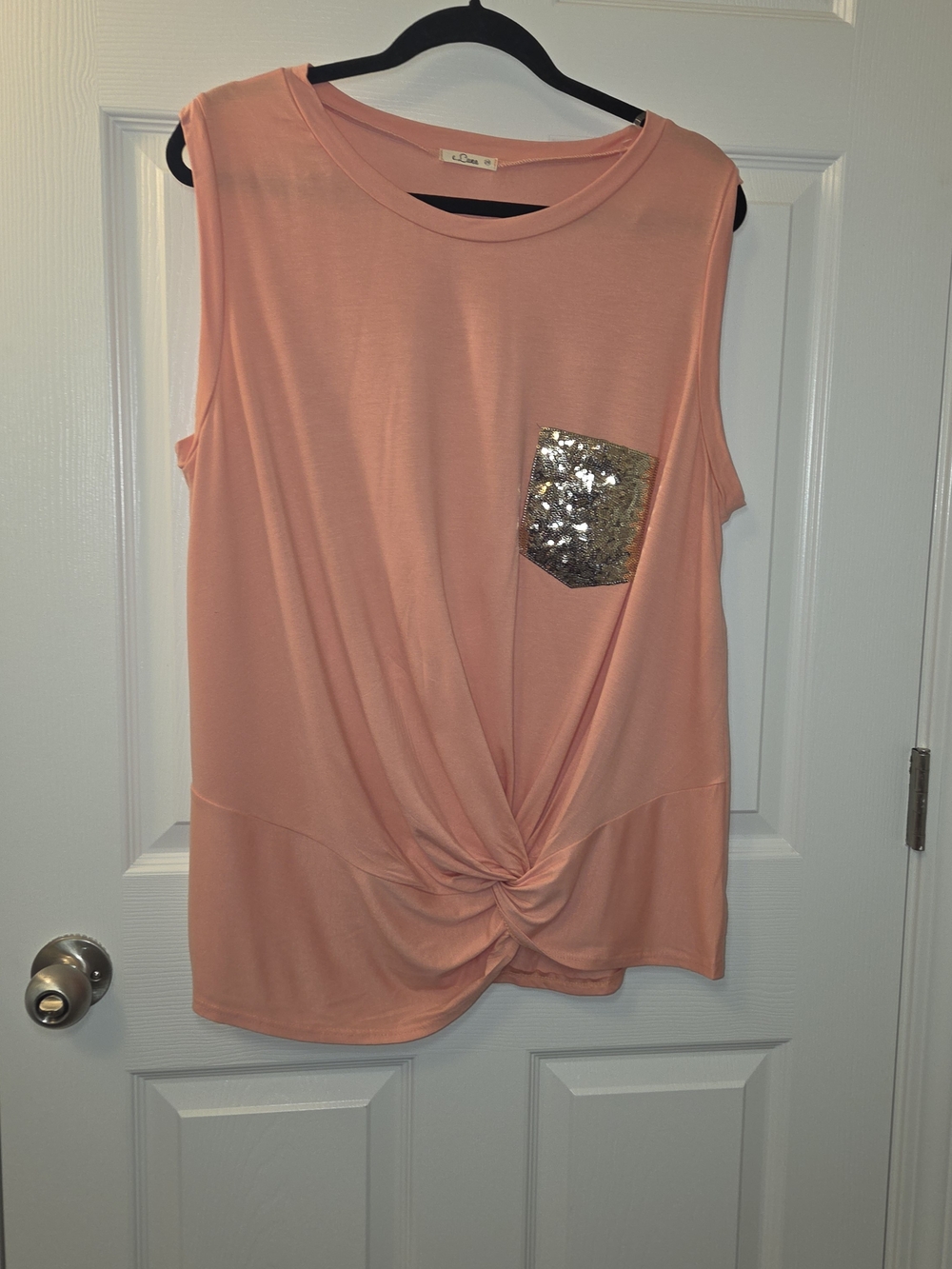 E.Luna Sleeveless Pink Twist-Front Top with Gold Sequin Pocket
